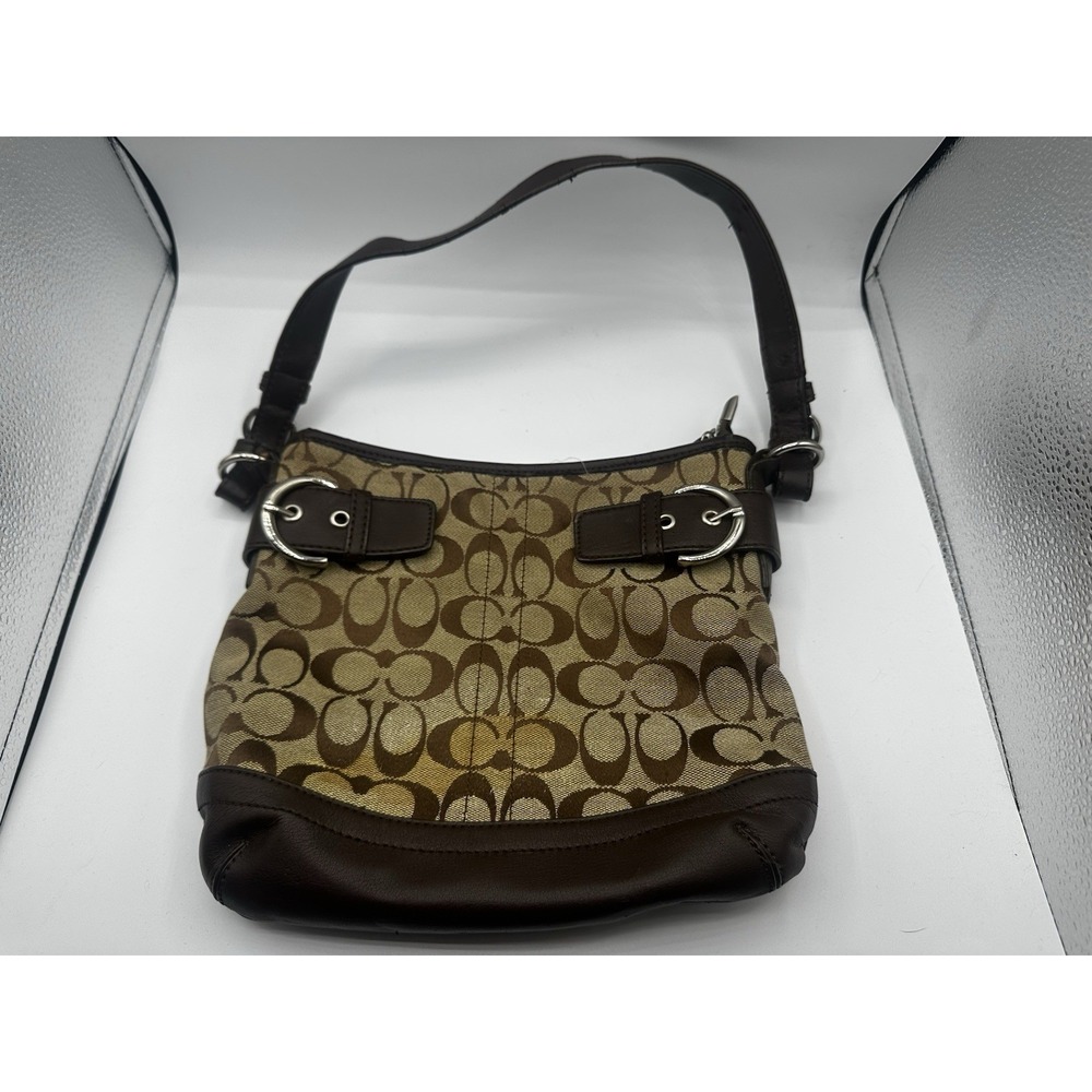 Coach Signature Soho Hobo Shoulder Bag Brown Khaki Canvas Leather Buckle Trim 14 - Picture 1 of 16